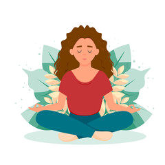 Obraz na płótnie Canvas Girl doing yoga. Woman sitting in the lotus position on plant background. Vector illustration in flat style.