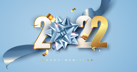 2022 Happy new year. Blue festive background with gift bow and glitter. Happy New Year Banner for greeting card, calendar.