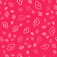 White line Cloud with rain icon isolated seamless pattern on red background. Rain cloud precipitation with rain drops. Vector