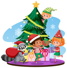 Obraz na płótnie Canvas Santa Claus with happy children and Christmas tree