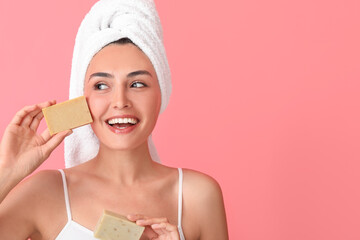 Beautiful young woman with soap on color background - obrazy, fototapety, plakaty