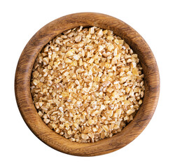 Wheat porridge in a wooden bowl isolated on a white background.
