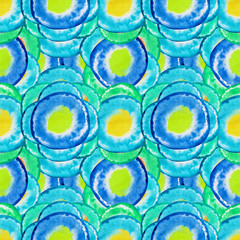 Seamless abstract pattern with turquoise yellow circles. Abstract spots with washes.
