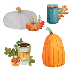 Watercolor autumn set with pumpkins and hot drinks. Isolated decor on a white background. White and orange pumpkin. A turquoise coffee cup, a cup of coffee to go, and a chocolate cake.

