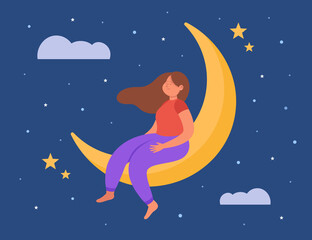 Obraz na płótnie Canvas Calm cartoon girl dreaming while sitting on moon. Female person relaxing and sleeping, night sky background flat vector illustration. Deep sleep, sweet dreams concept for banner or landing web page