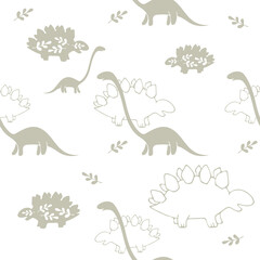 Dinosaurs seamless pattern. Colorful characters, plants and abstract shapes on background. Vector illustration for printing on fabric, postcard, wrapping paper, gift products, Wallpaper, clothing. 