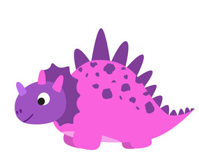 Funny cartoon dinosaur, cute illustration in flat style. Colorful print for clothes, books, cards, textile, design and decor. Illustration for babies, kids and children. Pink and purple colors