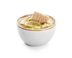 Bowl with tasty baba ghanoush and cracker on white background