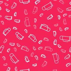 White line Thermos container icon isolated seamless pattern on red background. Thermo flask icon. Camping and hiking equipment. Vector