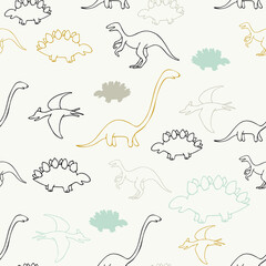 Dinosaurs seamless pattern. Colorful characters, plants and abstract shapes on background. Vector illustration for printing on fabric, postcard, wrapping paper, gift products, Wallpaper, clothing. 