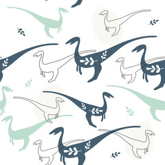 Dinosaurs seamless pattern. Colorful characters, plants and abstract shapes on background. Vector illustration for printing on fabric, postcard, wrapping paper, gift products, Wallpaper, clothing. 