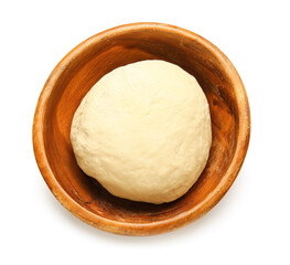 Bowl with fresh dough on white background