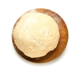 Wooden board with fresh dough on white background