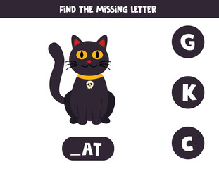 Find missing letter with cute black cat. Spelling worksheet.