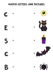 Match Halloween elements and letters. Educational logical game for kids. Vocabulary worksheet.