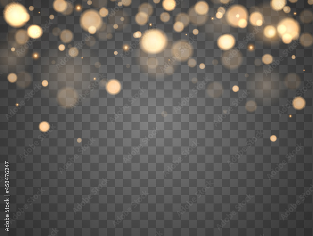 Poster Shining bokeh isolated on transparent background. Golden bokeh lights with glowing particles isolated. Christmas concept