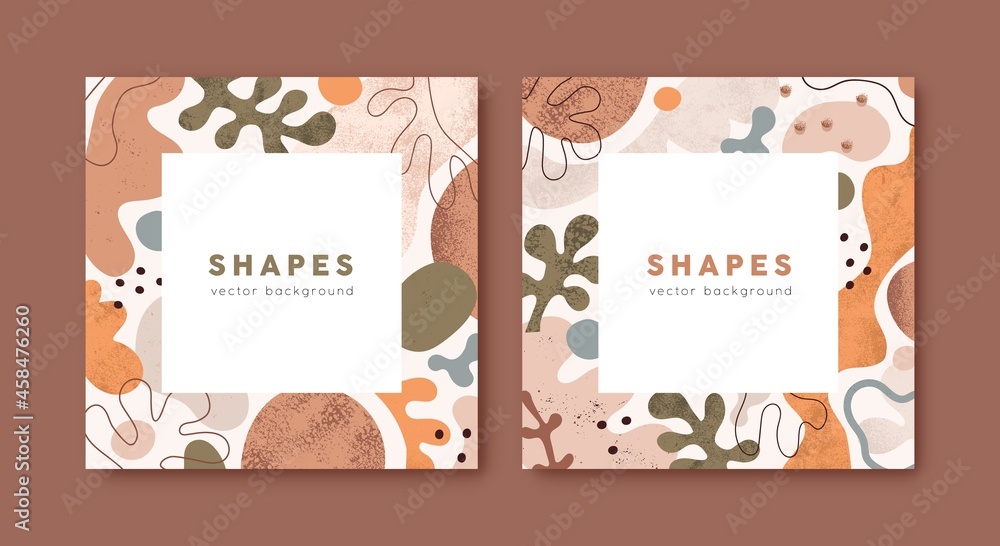 Fototapete Square cards designs with abstract frame and background for text. Modern templates of social media ad posts with border of doodle geometric shapes, blots and leaf. Flat graphic vector illustrations