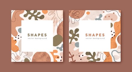 Square cards designs with abstract frame and background for text. Modern templates of social media ad posts with border of doodle geometric shapes, blots and leaf. Flat graphic vector illustrations