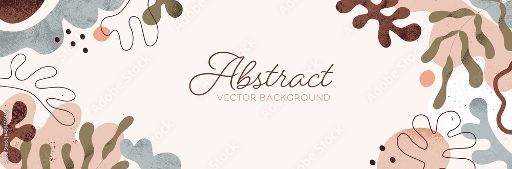Aufkleber Modern banner with abstract leaf, plants, organic geometric shapes and blots. Horizontal background design with trendy botanical pattern with doodle leaves, blobs and dots. Flat vector illustration