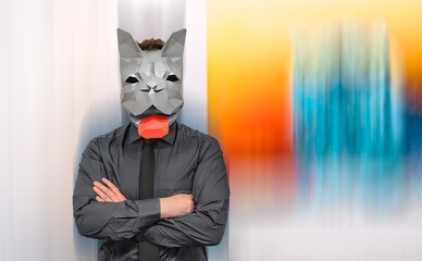 Businessman with origami french bulldog mask