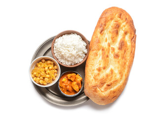 Tray with traditional Indian food on white background