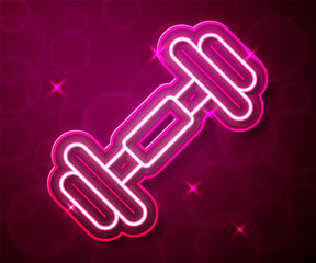 Glowing neon line Dumbbell icon isolated on red background. Muscle lifting, fitness barbell, sports equipment. Vector