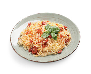 Plate of tasty Pasta Puttanesca on white background