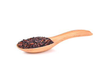 Riceberry Rice, Thailand Rice and wooden spoon on white background.