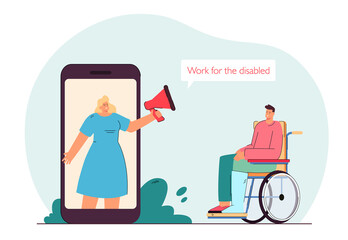 Employer on huge phone screen hiring disabled man on wheelchair. Invalid searching for job flat vector illustration. Disability, accessibility concept for banner, website design or landing web page