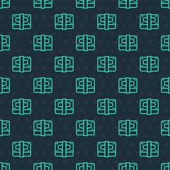 Green line Stacks paper money cash icon isolated seamless pattern on blue background. Money banknotes stacks. Bill currency. Vector