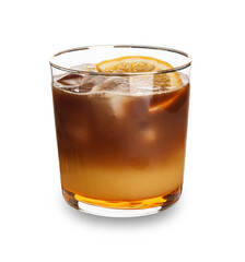 Glass of tasty coffee with orange juice on white background
