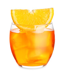 Glass of Aperol spritz cocktail on white background