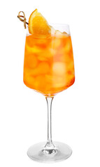 Glass of Aperol spritz cocktail on white background