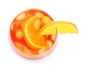 Glass of Aperol spritz cocktail on white background