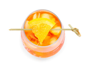 Glass of Aperol spritz cocktail on white background