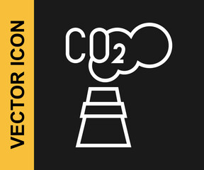 White line CO2 emissions in cloud icon isolated on black background. Carbon dioxide formula, smog pollution concept, environment concept. Vector