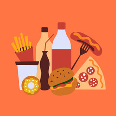 Vector illustration of fast food. Hot dog sausage, cheese burger, pizza pepperoni, french fries, donut, soda, bottle drink, coffee cup. Fastfood meal. Foodstuff set of unhealthy nutrition. Street food