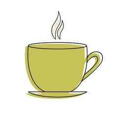 Vector illustration of tea cup with color spots. Black linear art isolated on white background. Green tea illustration.