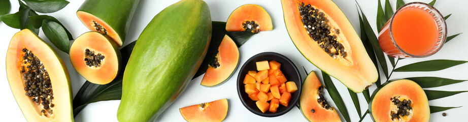 Fresh ripe papaya on white background, top view
