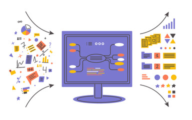 Data analysis, database visualization. Monitor of big computer showing process of sorting information. Input output data, digital mind map. Infographic, charts, graphic analyzing vector illustration - obrazy, fototapety, plakaty