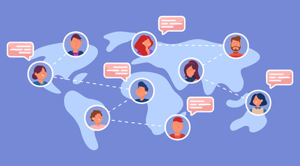 Diverse people talking to friends worldwide. Men and women from different countries on world map flat vector illustration. Global communication, social media or network concept for banner