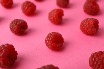 Flat lay composition with red juicy raspberries on a pink background
