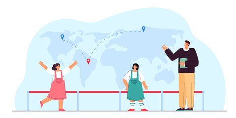 Cartoon girl meeting friend from different country. World map with location pins flat vector illustration. Traveling, international communication concept for banner, website design or landing web page