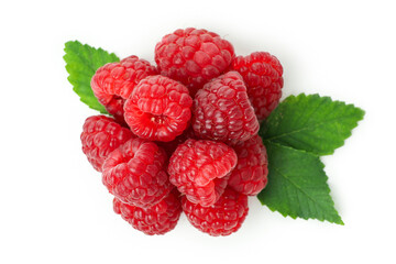 Red juicy raspberry, isolated on white background