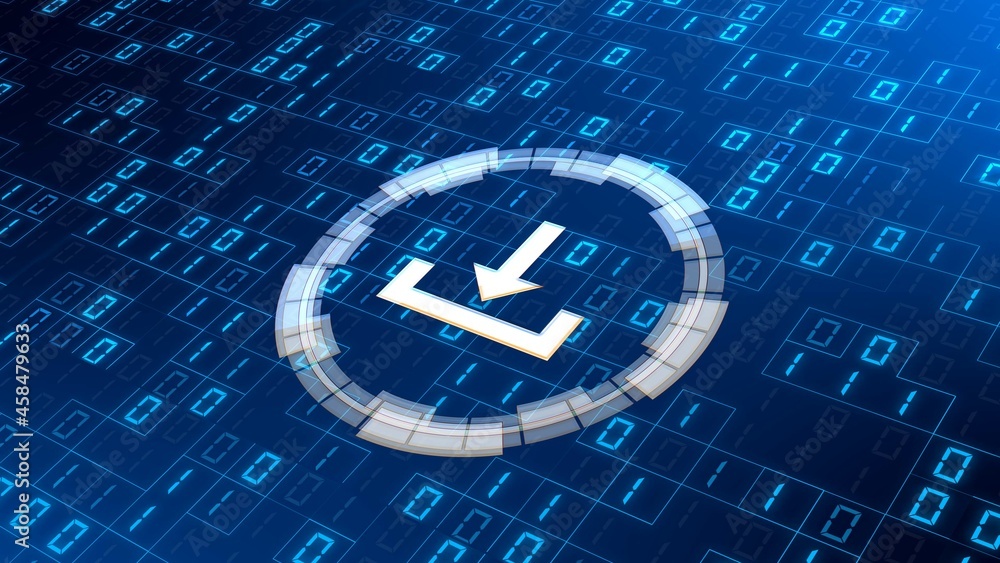 Poster download symbol on abstract binary code background divided with random square frame elements - data 