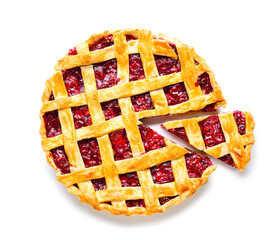 Tasty cherry pie on white background