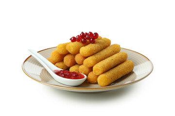 Plate with cheese sticks and cranberry sauce isolated on white background