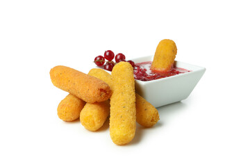 Cheese sticks and cranberry sauce isolated on white background