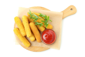 Board with tasty cheese sticks isolated on white background
