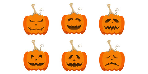 Set abstract cute pumpkins with different face emotion. Elements for Halloween. Collection icons for autumn holidays. Scary vector illustration.